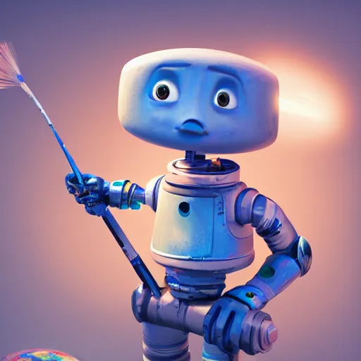 Image similar to space robot holding big paintbrushes, painting a canvas, cute, pixar, galaxy, photorealism 4 k, octane render, clean design, beautiful light