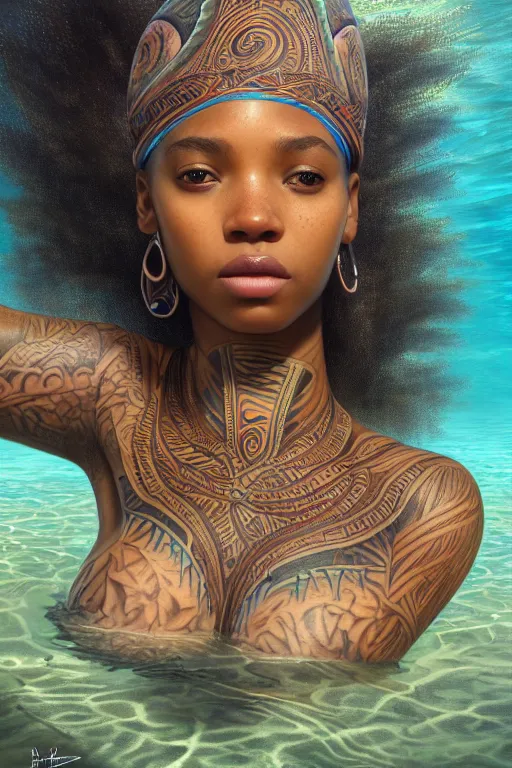 Image similar to underwater photography full body portrait of beautiful nubian ancestral tribal tattooed young hunter pincess, swimming underwater low angle realistic 4 k high quality photography by terry o'neill intricate, elegant, highly detailed, digital painting, artstation, concept art, smooth, sharp focus, illustration, art by artgerm and greg rutkowski and alphonse mucha, 8 k