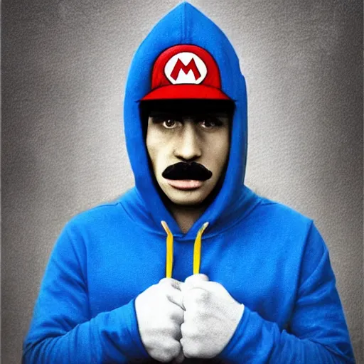 Image similar to depressed Mario in a blue hoodie on the rain, matte painting, realistic, sad, emotional, powerful