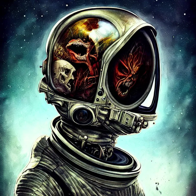 Image similar to epic professional digital art of tormented astronaut in helmet, painted,, terror, leesha hannigan, wayne haag, reyna rochin, ignacio fernandez rios, mark ryden, iris van herpen, best on artstation, best on cgsociety, epic, stunning, gorgeous, much wow, cinematic, masterpiece