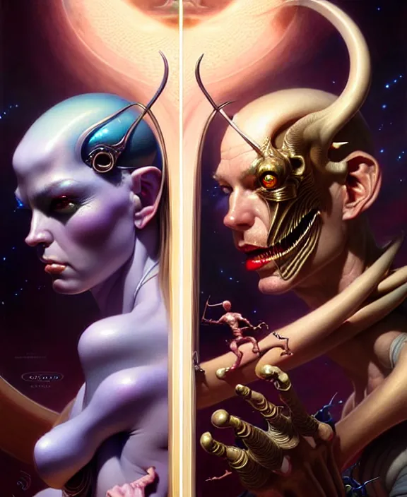 Image similar to beautiful gemini good and evil fantasy character portrait, ultra realistic, wide angle, intricate details, the fifth element artifacts, highly detailed by peter mohrbacher, hajime sorayama, wayne barlowe, boris vallejo, aaron horkey, gaston bussiere, craig mullins