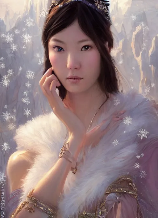 Image similar to a beautiful young charming princess asian goddess with sundress & jewelry & shinny eyes & winter, symmetric, realistic shaded, unpleasant face, good looking, fine details, dior, lv, realistic shaded lighting poster by greg rutkowski, macoto takahashi, magali villeneuve, artgerm, jeremy lipkin and michael garmash