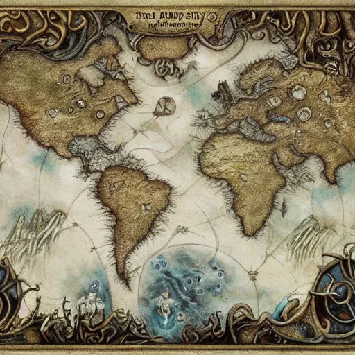 Prompt: simple fantasy map, the land of Odrua, several continents, world of Lute, by JRR Tolkien and Brian Froud, Vatican Map Room, fantasy concept painting, Magic The Gathering Art, trending on art station, showing kingdoms, oceans, continents, vast seas, open plains, thin baroque frame border