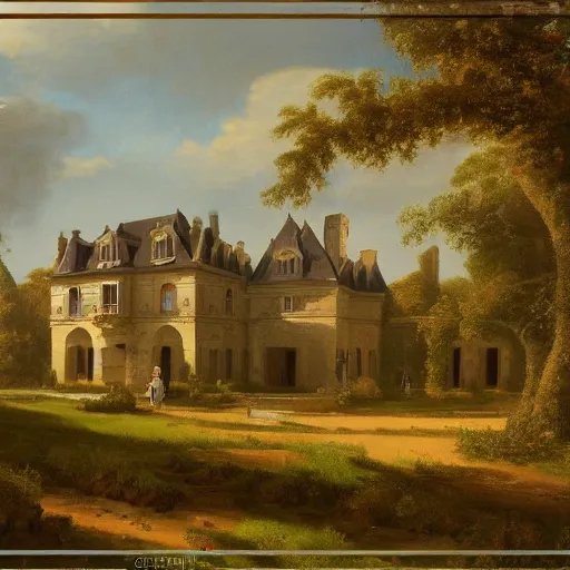 Prompt: a large serene beautiful matte painting of a delapitaded quaint french country castle covered in a state of disrepair in vines, by asher brown durand and george ault featured on artstation