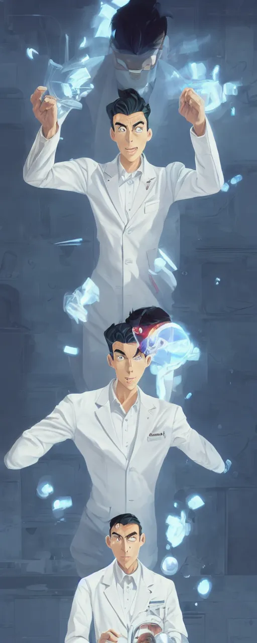 Image similar to tired and dissapointed emotionless butch young man scientist with short slicked - back hair, making an experiment - wearing white suit, wearing jetpack, digital art, rough paper, behance hd by jesper ejsing, by rhads, makoto shinkai and lois van baarle, ilya kuvshinov, rossdraws global illumination.