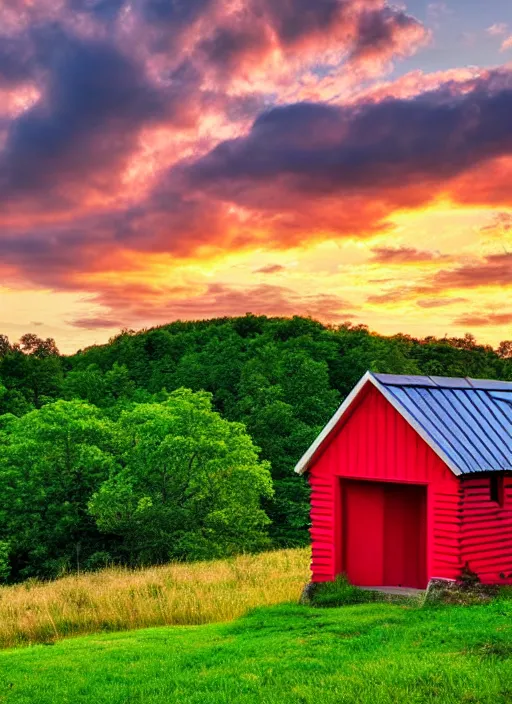 Image similar to red mountain ash, green fence, wooden house, village, clouds in the sky, sunset, summer