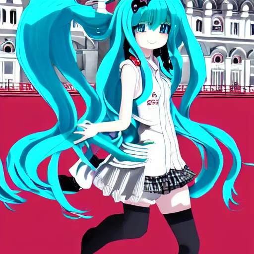 Image similar to hatsune miku on the moscow red square, high detailed anime art, trending on pixiv