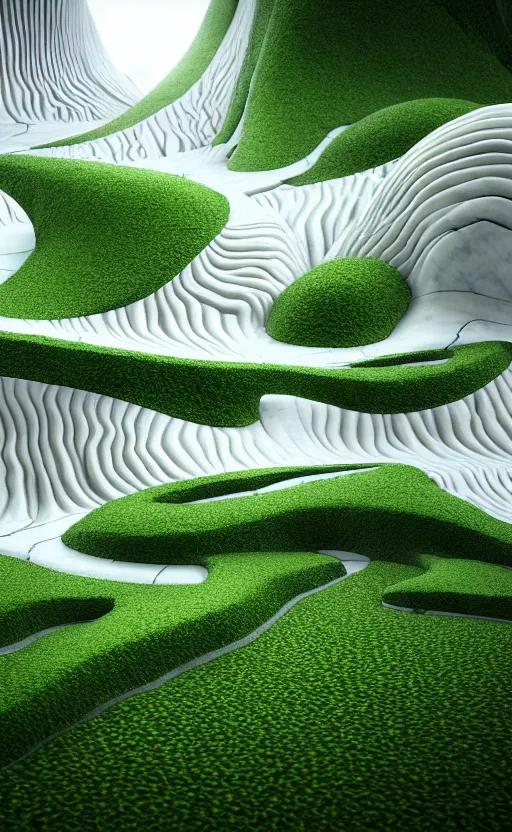 Image similar to highly detailed ultra sharp 3 d render cinematic composition of a smooth ceramic sand porcelain magnolia stone leaves fluid fractal sci - fi surreal architecture landscape, white marble, magnesium, foliage greenery, vincent callebaut composition, mamou - mani, archviz, beautiful lighting, 8 k, unreal engine, hdr, dof