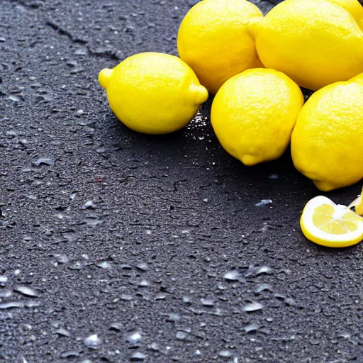 Image similar to lemons stuck in wet asphalt