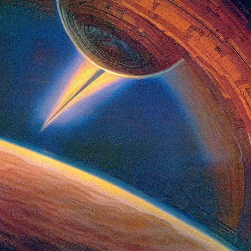 Prompt: The inside of an O'Neill Cylinder, 1987, NASA archives, matte painting