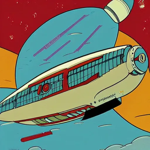 Image similar to bauhaus print poster of the futurama spaceship, planet express, old bessie