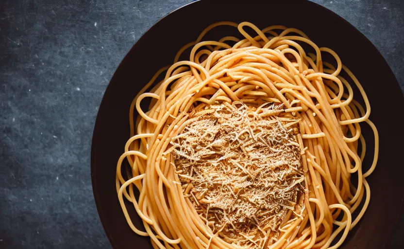 Image similar to top view of a spaghetti bowl, natural light, cinematic lighting, 8 k