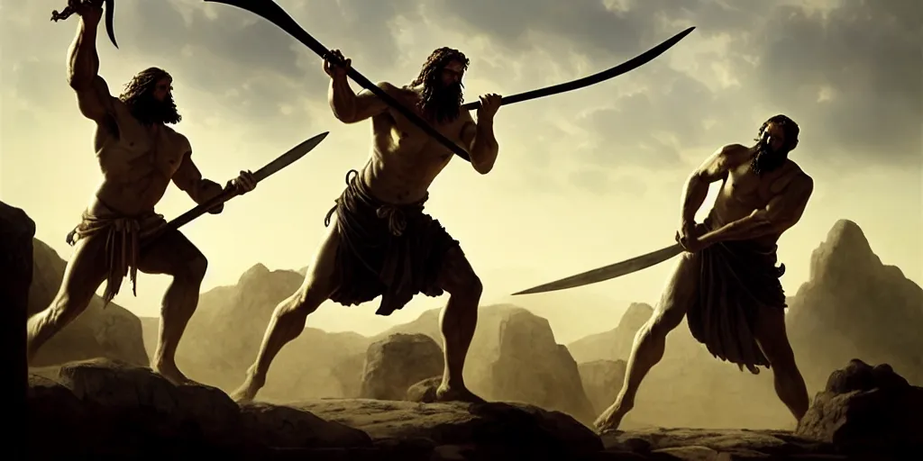 Prompt: realistic scene of biblical Cain with a spear fighting Abel with a reaper scythe, a stone altar with white smoke ascending in the background, masculine and rugged, inspired art by Frazetta + facial symmetry + bright dramatic volumetric lighting, front fill lighting, well lit, 8k octane render, intricate, epic composition, golden hour, studio lighting + masterpiece, trending on artstation, very detailed, masterpiece, stunning