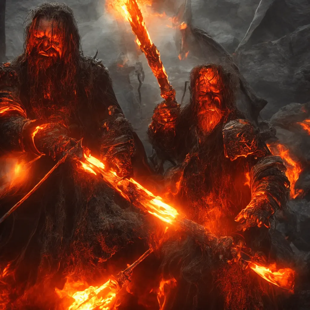 Prompt: corrupted evil gimli in mordor wielding a fire axe, volumetric light, highly detailed, sharp focus, 8 k