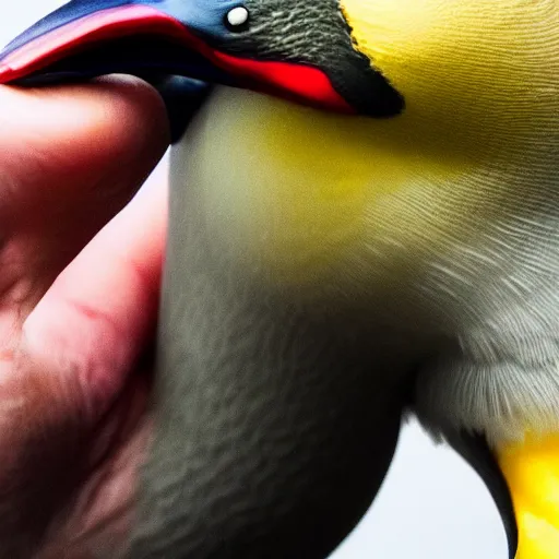 Prompt: close up shot of mans fist punching a duck in the face in slow motion n - 9