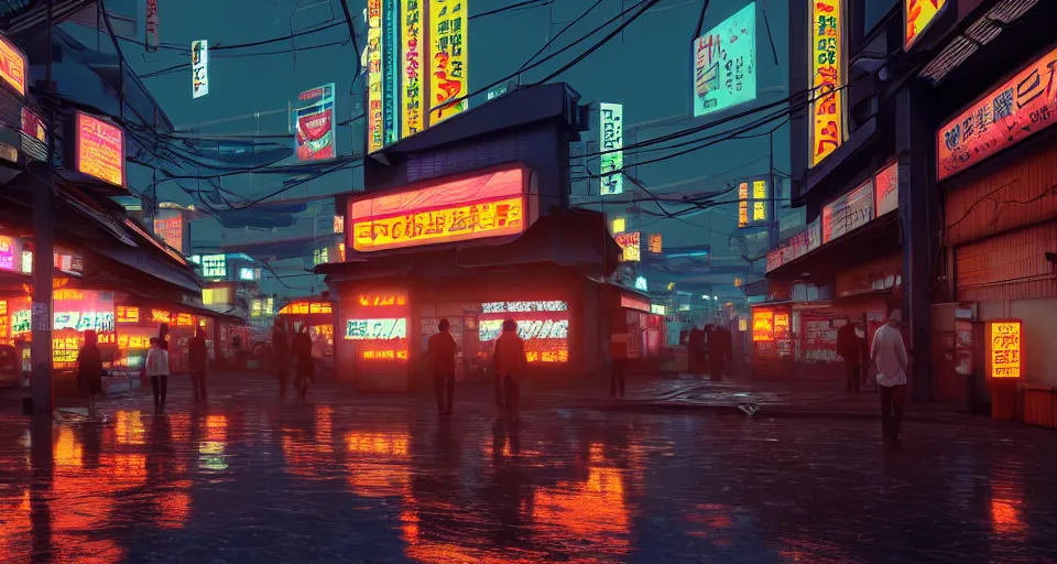 Prompt: photorealistic!! ground level front view, sunset outside a tokyo marketplace after rain, bright neon signs, very dramatic lighting, mecha unreal engine 5, marmoset toolbag, ( cyberpunk )