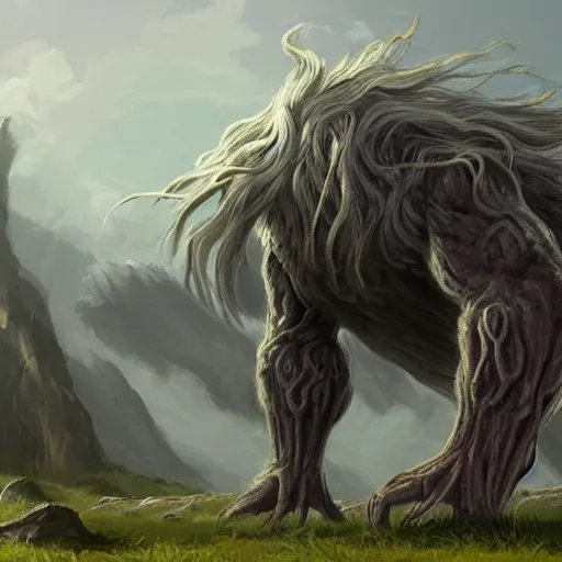 Prompt: a highly detailed portrait of a epic massive fantasy giant old god with gray hair and beard standing in a field concept art
