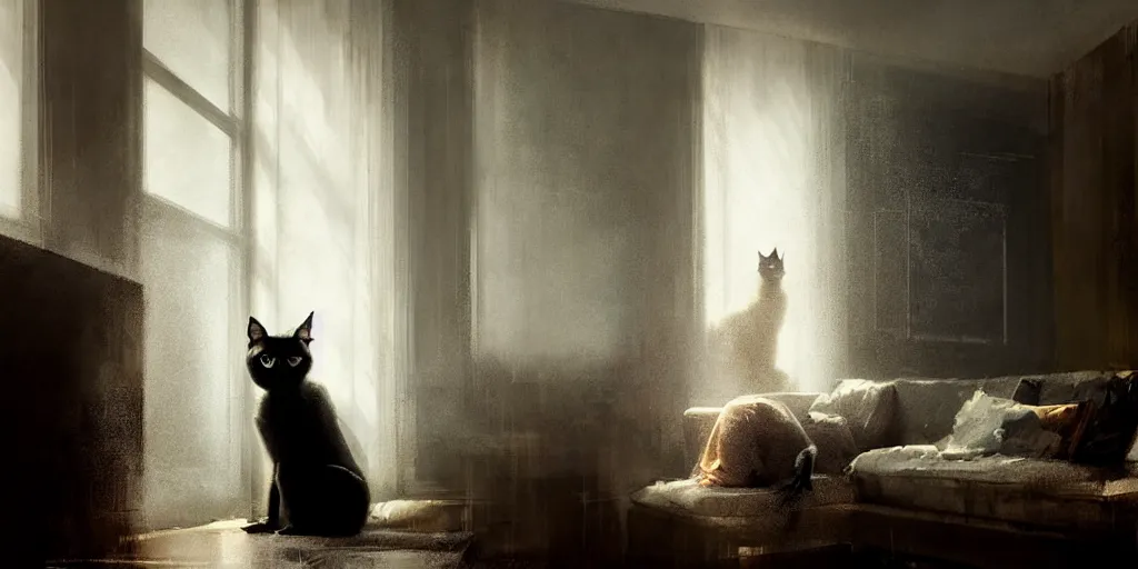 Image similar to a dramatic portrait of a siamese cat inside a modern apartment, intricate concept art, ethereal, cinematic, dramatic lighting, by jeremy mann and julius adam ii