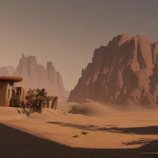 Image similar to a distant desert village, artstation, cgsociety