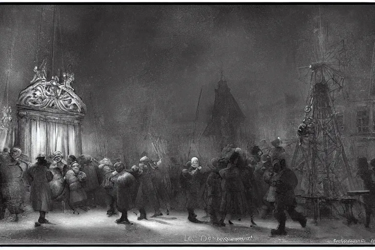 Prompt: realistic and very detailed photo of the painting La ronde de nuit of Rembrandt, by Robert Doisneau, Leica SL2 35mm black and white