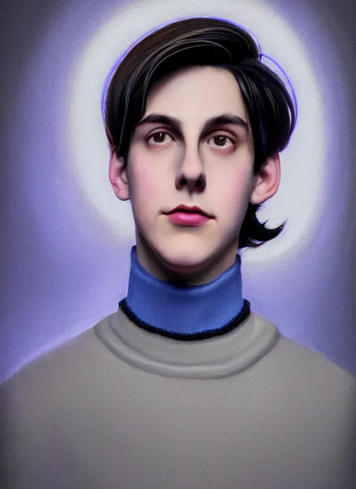 Image similar to portrait of teenage jughead jones wearing a light grey crown, crown, blue turtleneck, 1 9 5 0 s, closed eyes, photorealistic, black hair, glowing lighting, intricate, elegant, glowing lights, highly detailed, digital painting, artstation, concept art, smooth, sharp focus, illustration, art by wlop, mars ravelo and greg rutkowski