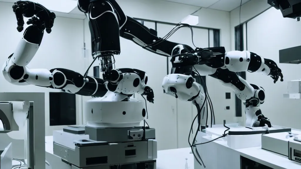 Image similar to a complex bifurcated robotic cnc surgical arm hybrid mri 3 d printer machine making black and white ceramic mutant forms in the laboratory inspection room, film still from the movie directed by denis villeneuve with art direction by salvador dali, wide lens