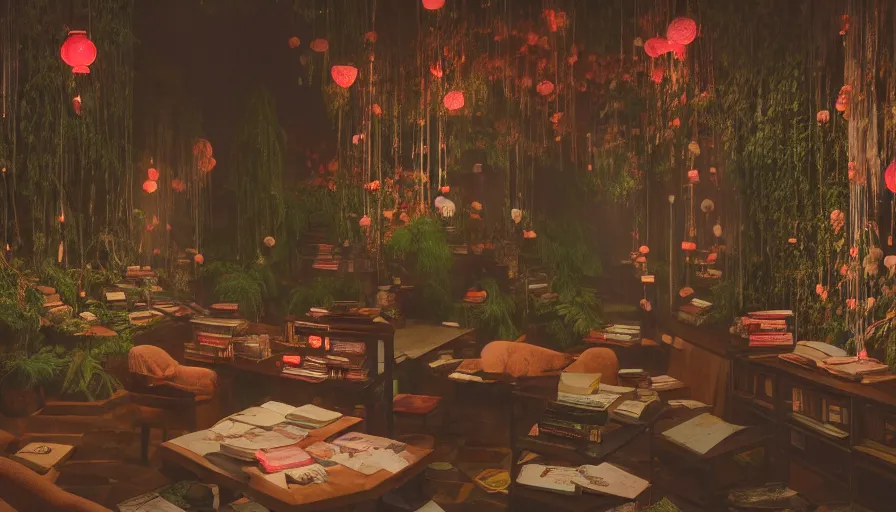 Prompt: a Wes Anderson 35mm film still of a very surreal magical bookstore with a beautiful waterfall inside, apothecary, botanical garden, falling cherry blossoms pedals, in the style of Gucci, glowing lights and floating lanterns, foggy atmosphere, rainy, moody, muted colors, magic details, very detailed, 8k, cinematic look, octane render, psychedelic,