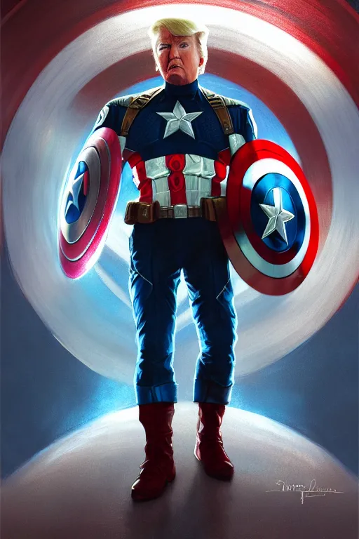 Image similar to a distant cinematic shot of Donald Trump as Captain America, D&D, fantasy, intricate, elegant, highly detailed, digital painting, artstation, concept art, matte, smooth, sharp focus, illustration, art by Artgerm and Greg Rutkowski and Alphonse Mucha, octane render, 8k, hyper realistic