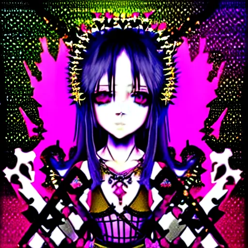 Prompt: baroque bedazzled gothic royalty frames surrounding an emo anime girl, scene, rainbowcore, vhs monster high, glitchcore witchcore, checkered spiked hair, witchcore clothes, pixiv detailed maximalist maximalism, a hacker hologram by penny patricia poppycock, pixabay contest winner, holography, irridescent, photoillustration, maximalist vaporwave