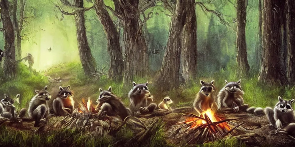 Image similar to A small group of racoons is sitting in the forest next to a campfire. There is a wolf sneaking from the side. Cinematic, very beautiful, painting in the style of Lord of the rings