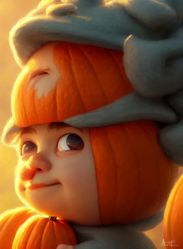 Image similar to hand drawn cute one gnomes face in autumn and pumpkin, detailed closeup face, concept art, low angle, high detail, warm lighting, volumetric, godrays, vivid, beautiful, trending on artstation, art by artgerm and greg rutkowski and alphonse mucha