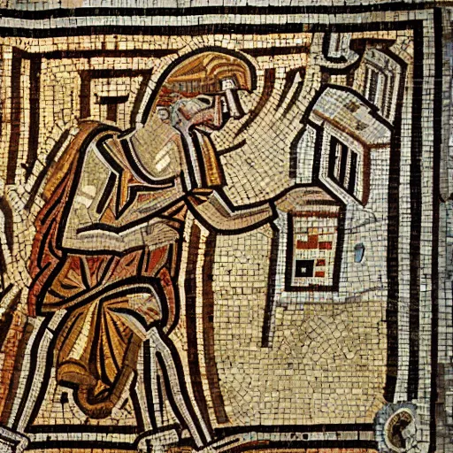 Prompt: ancient roman mosaic of a guy yelling at his computer, highly detailed, high quality, high resolution