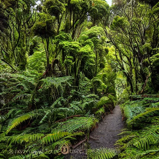 Prompt: Wellington, New Zealand reclaimed by nature. Lowland podocarp broadleaf forest