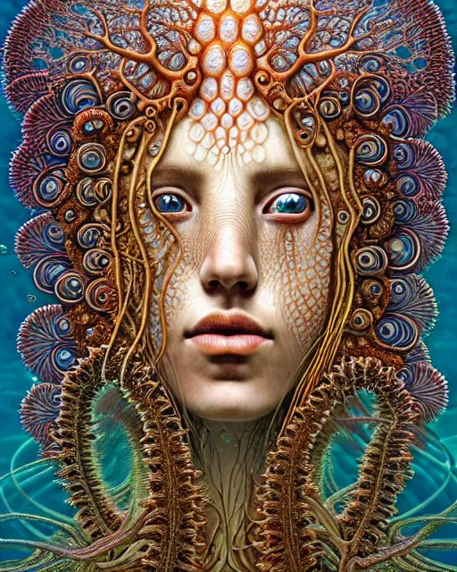 Image similar to realistic detailed underwater face portrait of the beutiful young goddess of the fractal waters with an intricate headdress of corals, sea kelp, sea plants, fish, jellyfish, art by ernst haeckel, zdzisław beksinski, h. r. giger, hieronymus bosch, gothic, neo - gothic, ornamental, beautiful deep colours,
