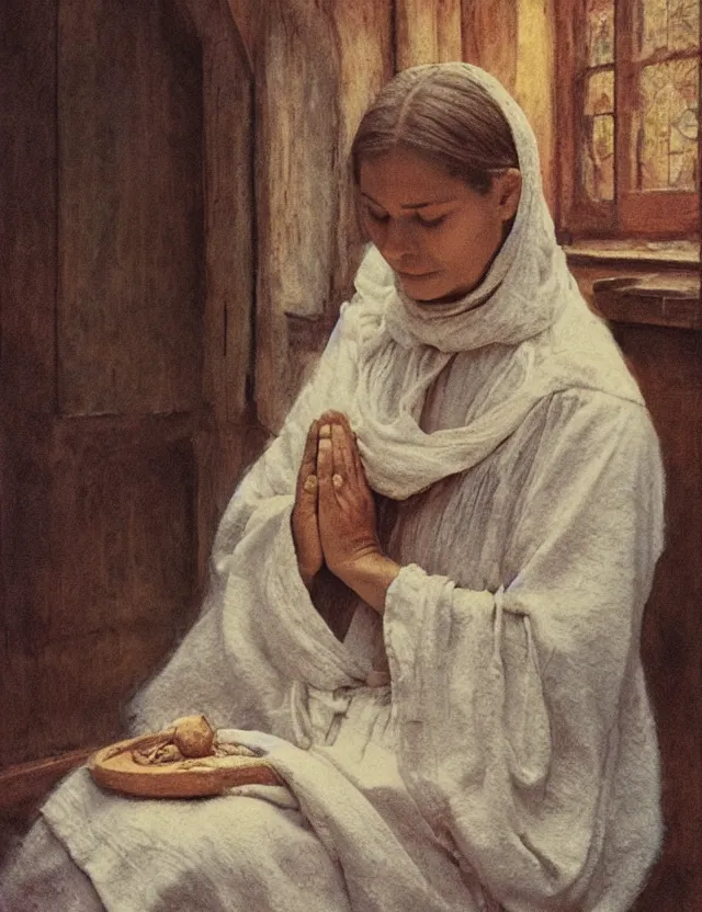 Image similar to peasant woman praying in a curch, cottage core, cinematic focus, polaroid photo bleached vintage pastel colors high - key lighting, soft lights, foggy, by steve hanks, by lisa yuskavage, by serov valentin, by tarkovsky, detailed, oil on canvas