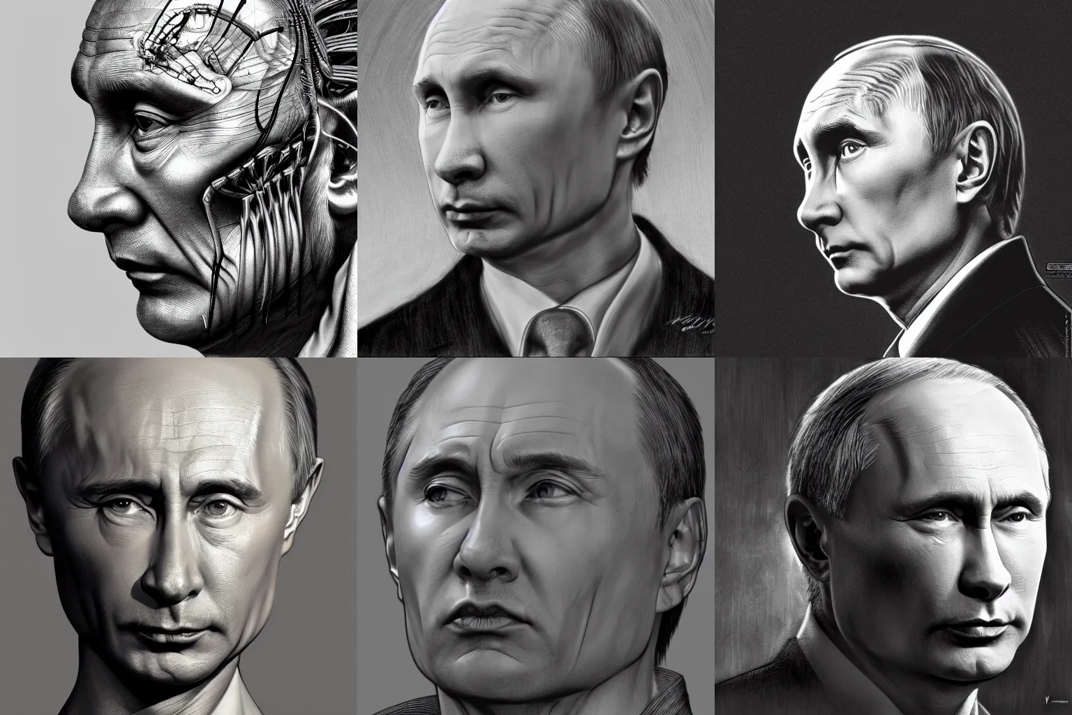 Prompt: Vladimir Putin, Yoshitaka Amano, HR Giger, biomechanics, profile portrait, 4k, wide-angle, over-detailed, hyperrealism, anime