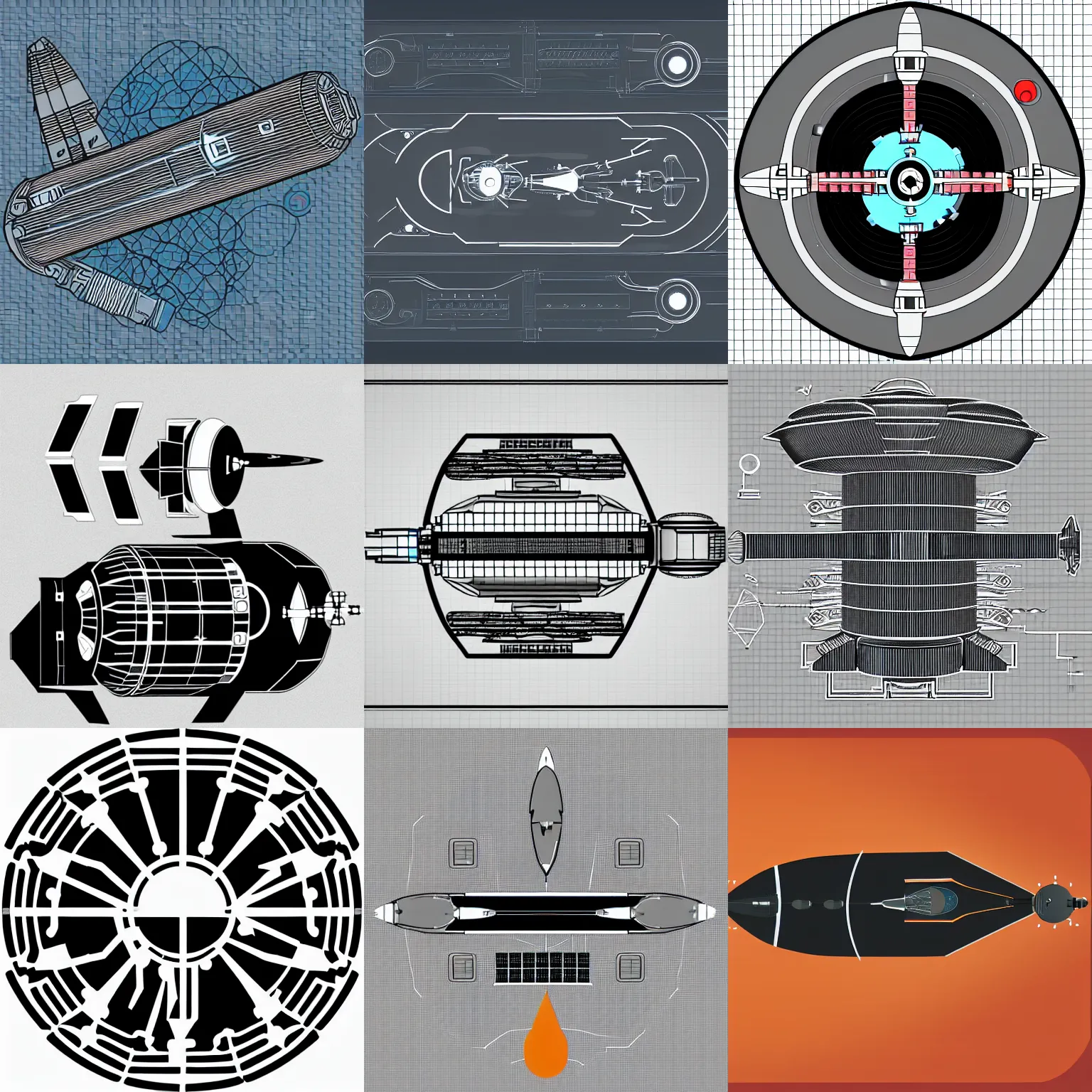 Prompt: a stylized two dimensional science fiction spacecraft propulsion module schematic, two colors, black backround. inkscape, illustrator, vector graphics, 2 d game, topdown, orthographic perspective.