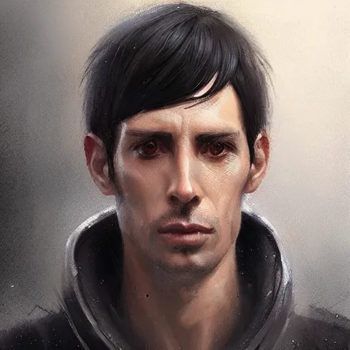 Image similar to portrait of a man by greg rutkowski, he is about 3 0 years old, short black hair with bangs, scared and incredulous, very tall and slender, he is wearing futuristic space gear, highly detailed portrait, digital painting, artstation, concept art, smooth, sharp foccus ilustration, artstation hq