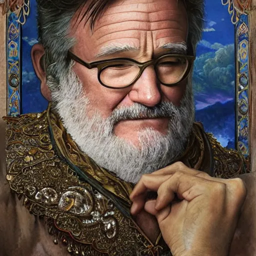 Image similar to an ultradetailed portrait of robin williams dressed as sheogorath, d & d, fantasy, intricate, elegant, highly detailed, digital painting, matte, sharp focus, illustration, art by john collier and albert aublet and krenz cushart and artem demura and alphonse mucha