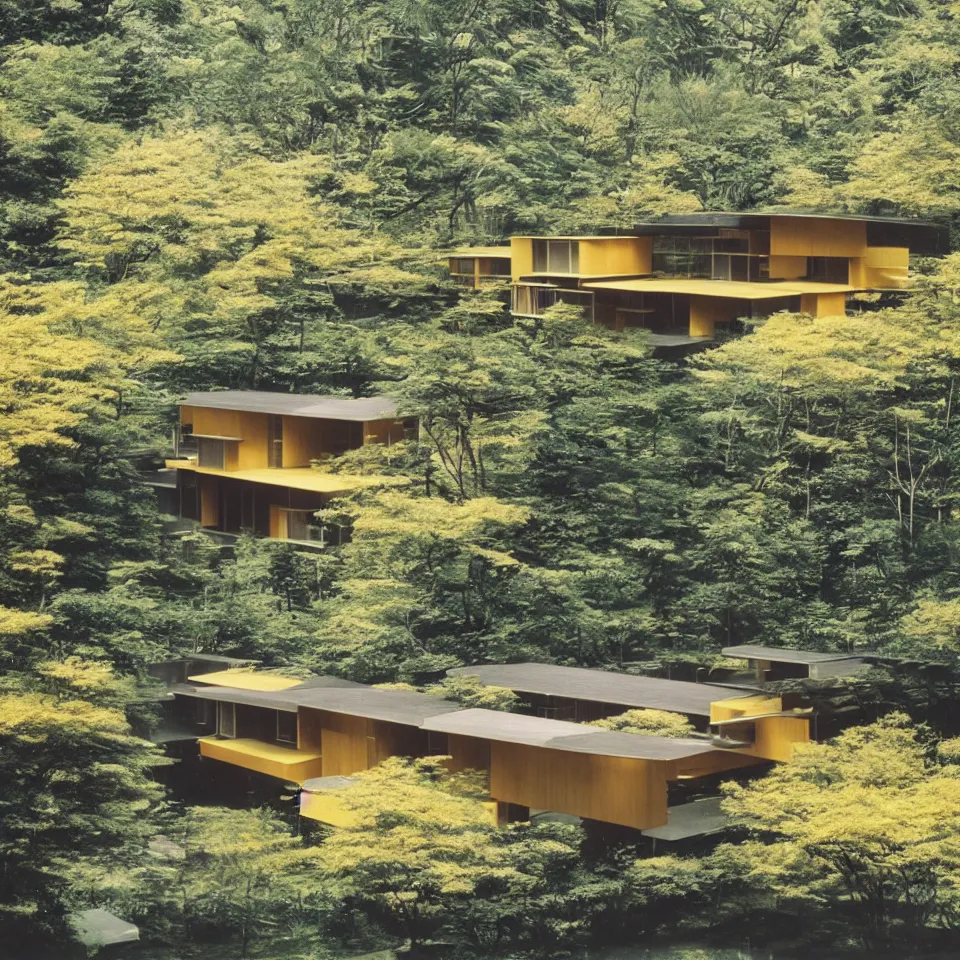 Prompt: architecture ad for a mid-century modern house, designed by Kengo Kuma. Film grain, cinematic, yellow hue