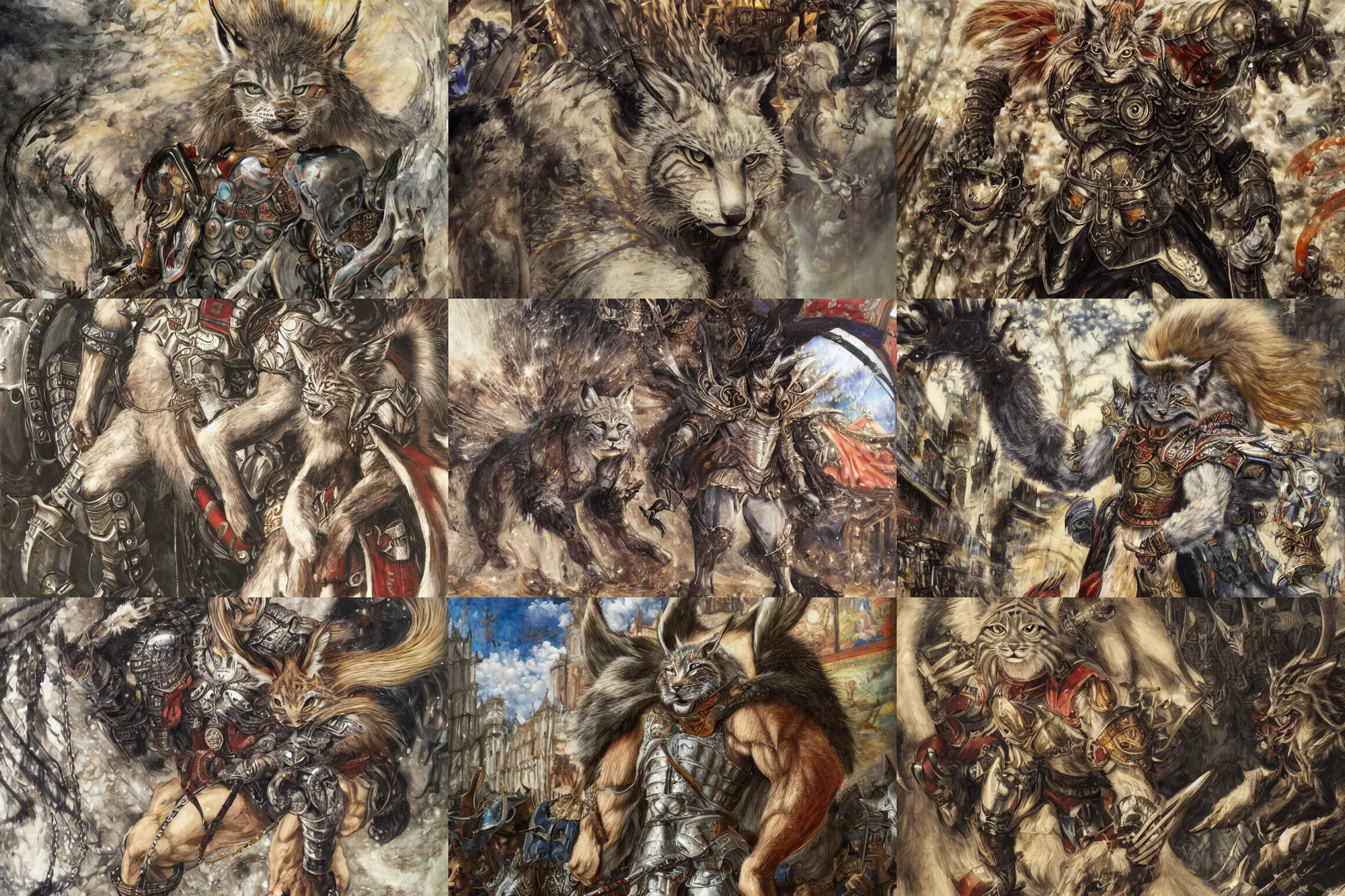 Image similar to 8k Yoshitaka Amano painting of upper body of a young cool looking lynx beast-man with white mane at a medieval market at windy day. Depth of field. He is wearing complex fantasy armors. He has huge paws. Renaissance style lighting.