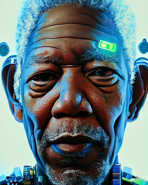 Image similar to portrait of Morgan Freeman as a cyborg. intricate abstract. intricate artwork. by Tooth Wu, wlop, beeple, dan mumford. octane render, trending on artstation, greg rutkowski very coherent symmetrical artwork. cinematic, hyper realism, high detail, octane render, 8k, iridescent accents