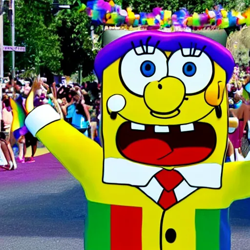 Image similar to spongebob in a pride parade caught on iPhone camera