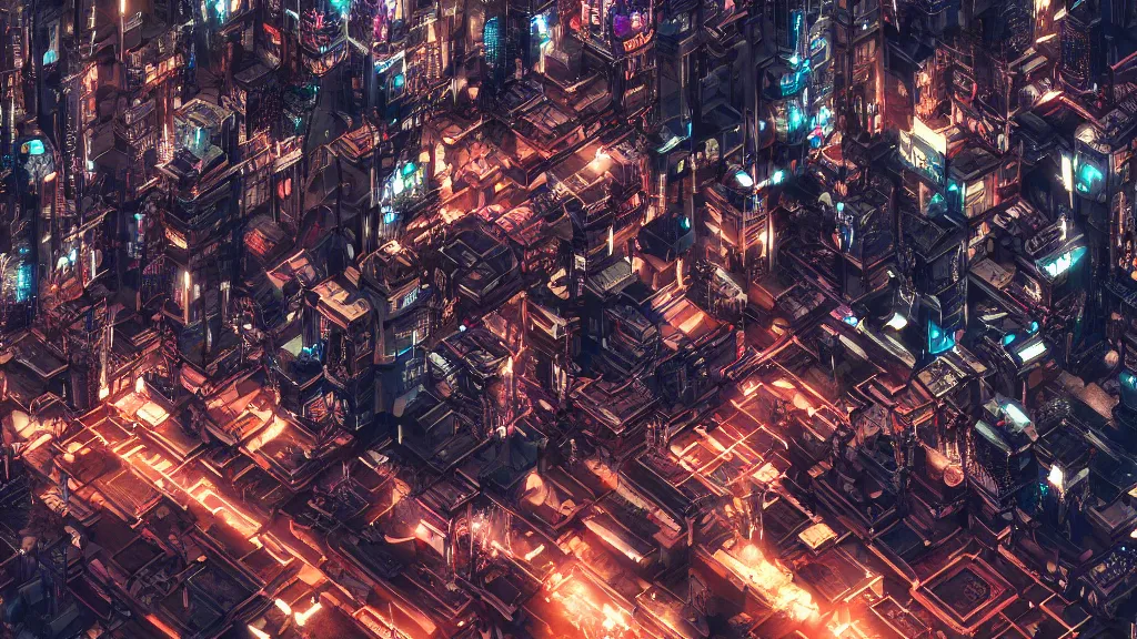 Prompt: cyberpunk style city from future, bird view, professional photo, ominous sky, ultra detailed, wallpaper, raytracing