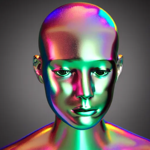 Image similar to 3d render of holographic human robotic head made of glossy iridescent, surrealistic 3d illustration of a human face non-binary, non binary model, 3d model human, cryengine, made of holographic texture, holographic material, holographic rainbow, concept of cyborg and artificial intelligence