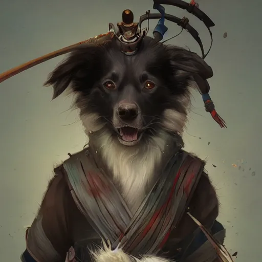 Image similar to border collie as an samurai, backround dark, highly detailed, digital illustration, trending in artstation, modern painting, smooth, sharp focus, intricate, by peter mohrbacher