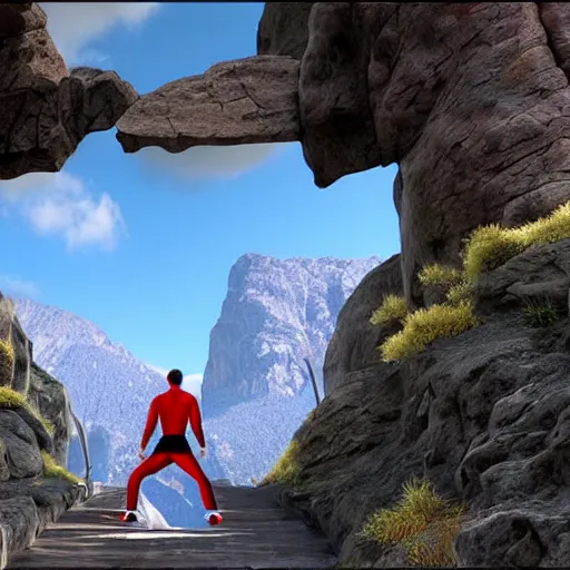 Image similar to **Ninja warrior walking through the valley in the mountains, ultra realistic, HD, high quality, 3D rendering, high detailed, 8K,