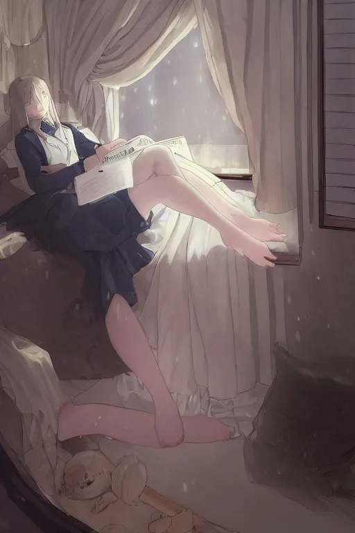 Prompt: a girl in a jk uniform outfit in the bedroom reading a book in a night, raining outside the window, dark and grey theme ， wavy white long hair, by krenz cushart and mucha and akihito yoshida and greg rutkowski and makoto shinkai, detailed eyes, 4 k resolution 、 trending on art station
