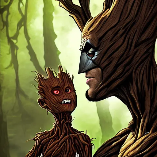 Image similar to batman meets groot in the woods digital art 4 k detailed super realistic