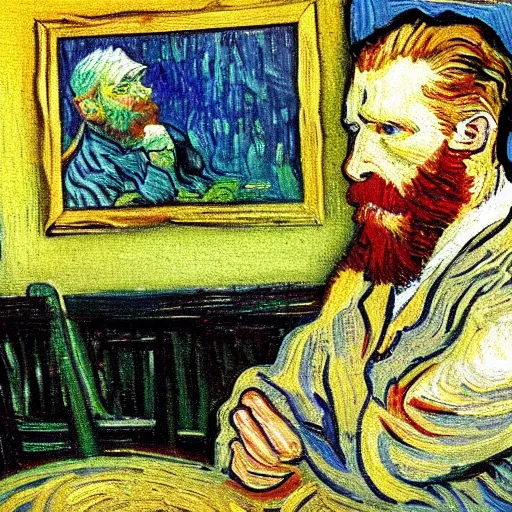 Prompt: An impressionist painting of Van Gogh sitting at a lighted table wearing a Seattle Seahawks sweatshirt in the style of Van Gogh